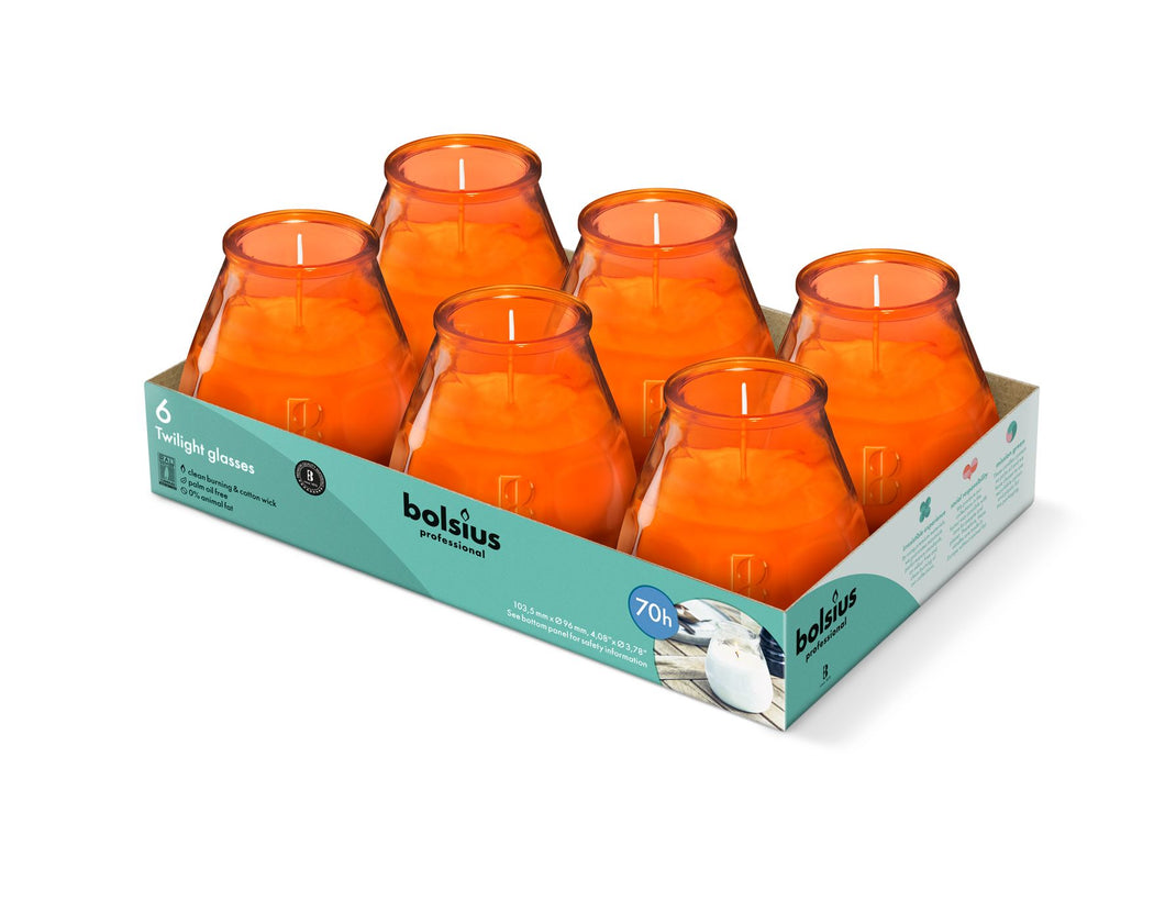 Bolsius Twilight Glass Candles, Unscented, Tray of 6 Candles - 104/96mm, Orange