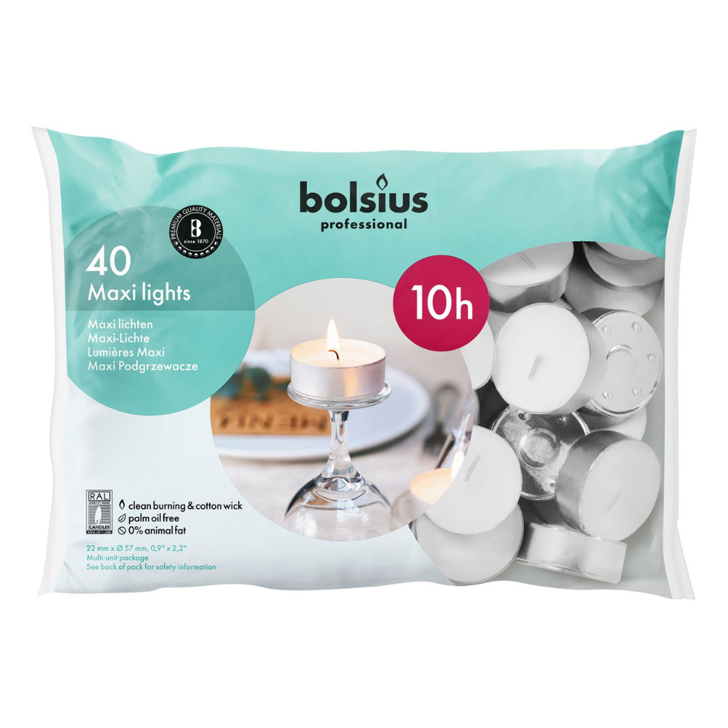 Bolsius Professional Bag of 40 Maxi-light Candles, 10-hour Burn Time