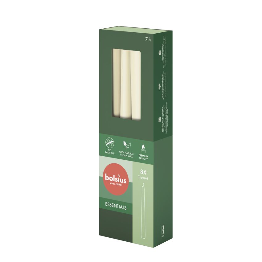 Bolsius Essentials Box of 8 Tapered Candles 245/24mm - Soft Pearl