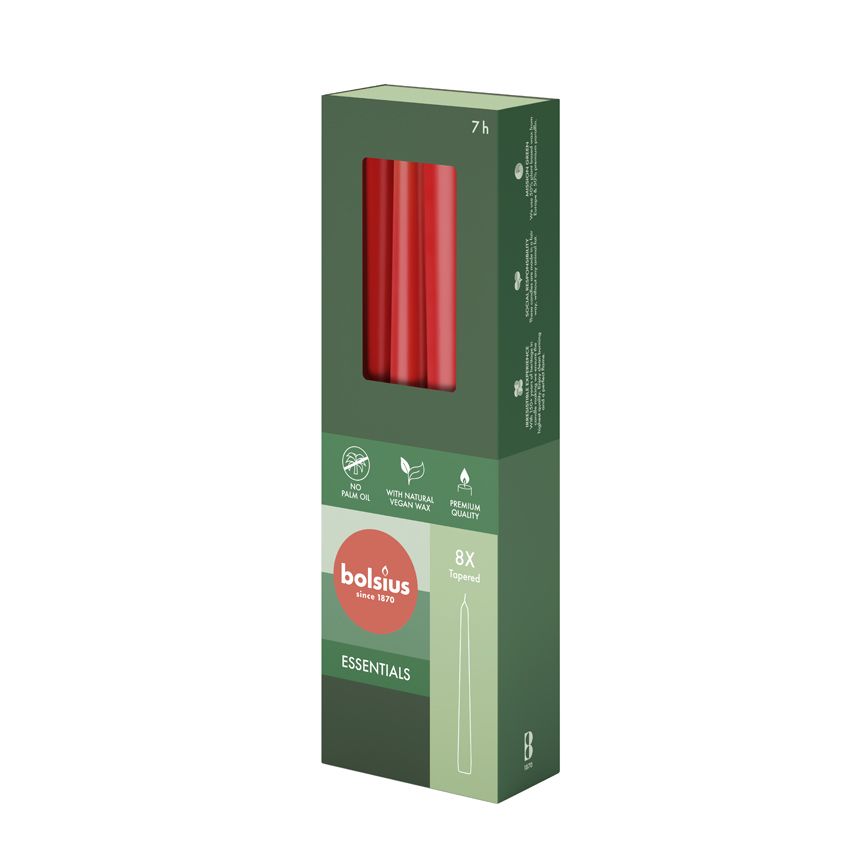 Bolsius Essentials Box of 8 Tapered Candles 245/24mm - Delicate Red