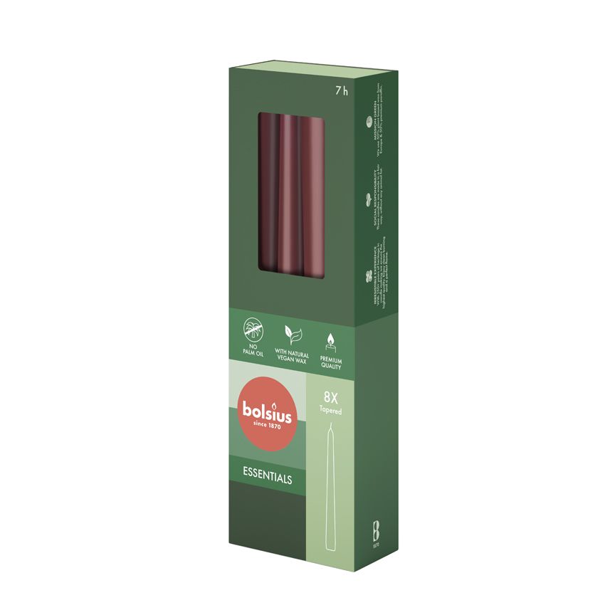 Bolsius Essentials Box of 8 Tapered Candles 245/24mm - Velvet Red