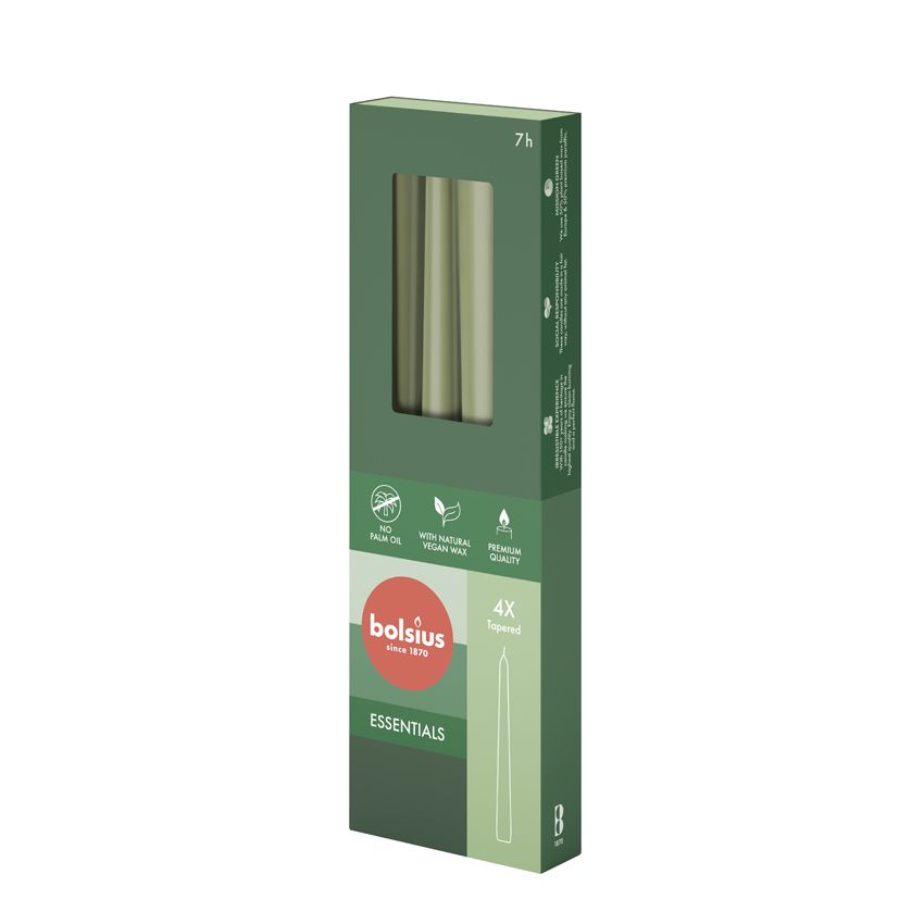 Bolsius Essentials Box of 4 Tapered Candles 245/24mm - Fresh Olive