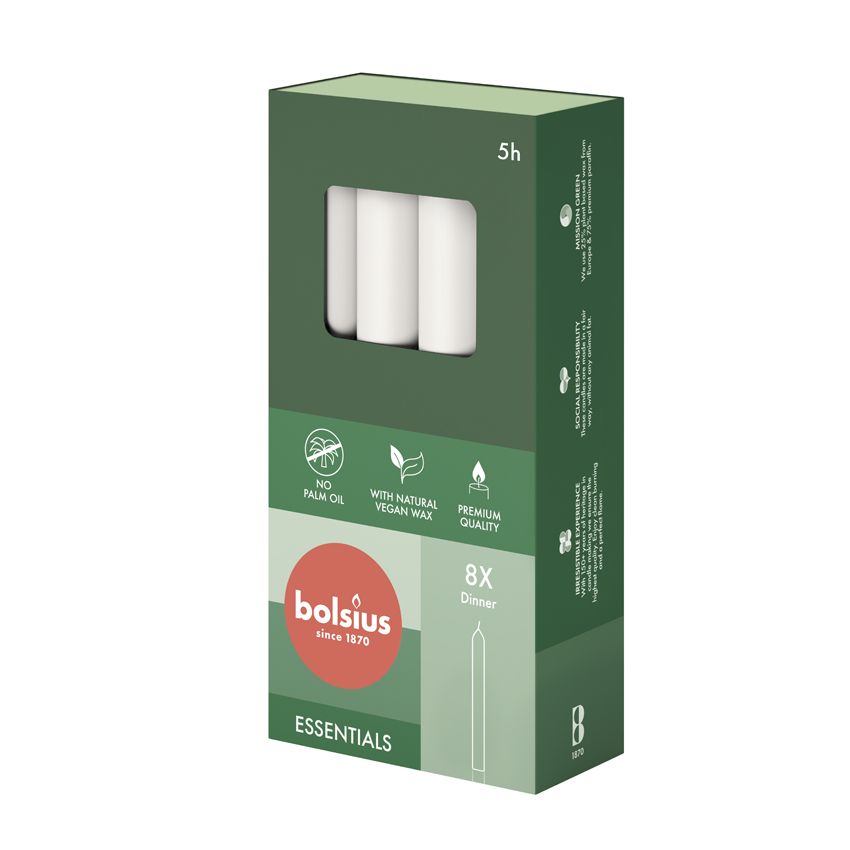 Bolsius Essentials Box of 8 Dinner Candles 170/20mm - Cloudy White