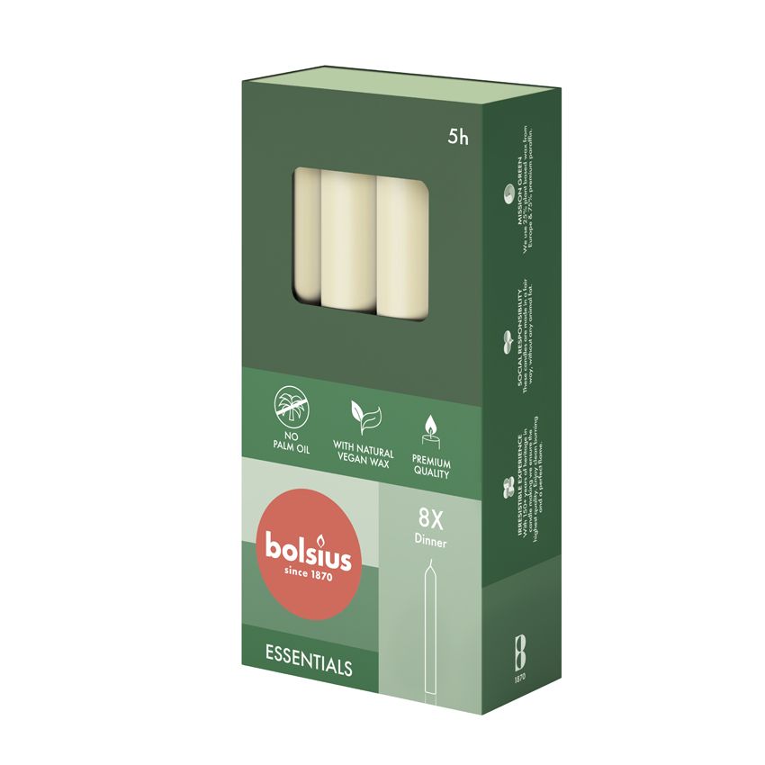 Bolsius Essentials Box of 8 Dinner Candles 170/20mm - Soft Pearl