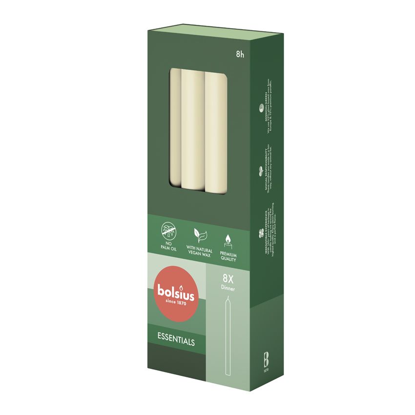 Bolsius Essentials Box of 8 Dinner Candles 230/20mm - Soft Pearl