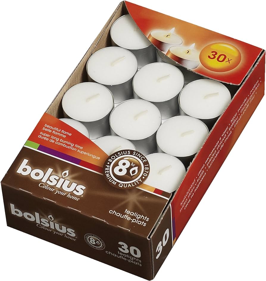 Bolsius Box of 30 Tealight Candles, 8-hour Burn Time