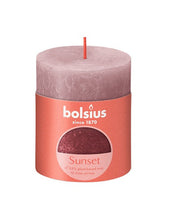 Load image into Gallery viewer, Bolsius Sunset Rustics Small Pillar Candle, Ash Rose + Red - 80/68mm, with label.
