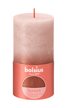 Load image into Gallery viewer, Bolsius Sunset Rustics Medium Pillar Candle, Misty Pink + Amber - 130/68mm with label.
