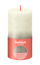 Load image into Gallery viewer, Bolsius Sunset Rustics Medium Pillar Candle, Soft Pearl + Champagne - 130/68mm, label.
