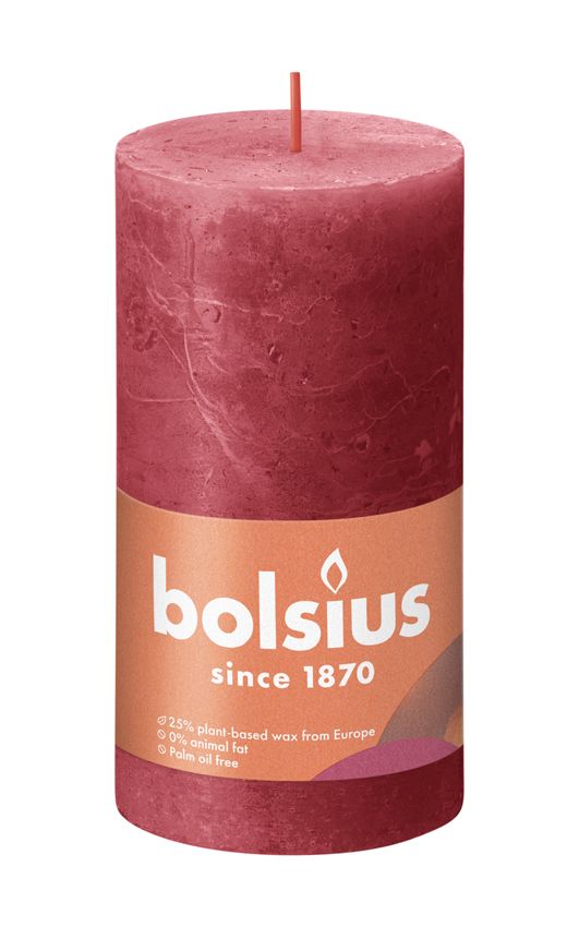 Bolsius Medium Rustic Pillar Candle, Delicate Red - 130/68mm