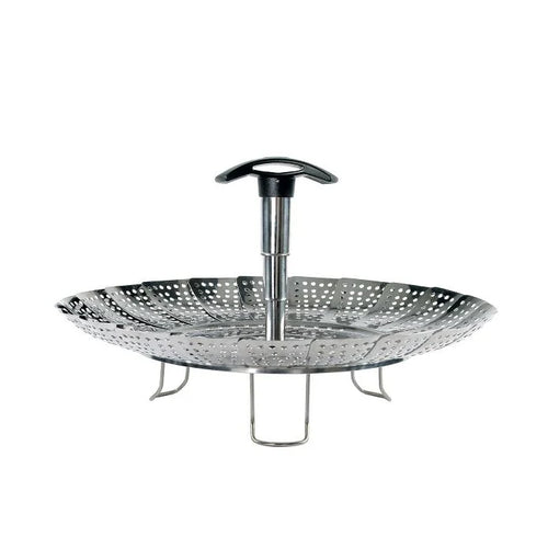 OXO Good Grips Pop-Up Steamer with Extendable Handle - Stainless Steel, 28cm, front view.