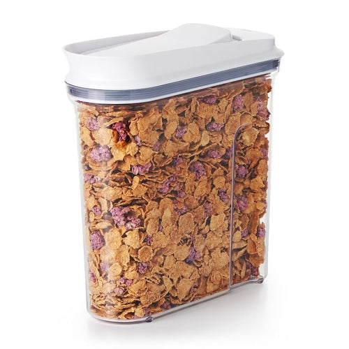 OXO Good Grips Pop Medium Cereal Dispenser - 3.21 Liters, filled, angled view.