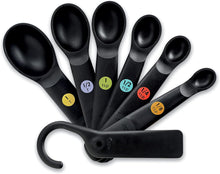 Load image into Gallery viewer, OXO Good Grips Set of 6 Measuring Spoons + Scraper - Black, top view.
