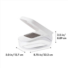 Load image into Gallery viewer, OXO Good Grips Vegetable Chopper with Easy Pour Feature - White, with dimensions.

