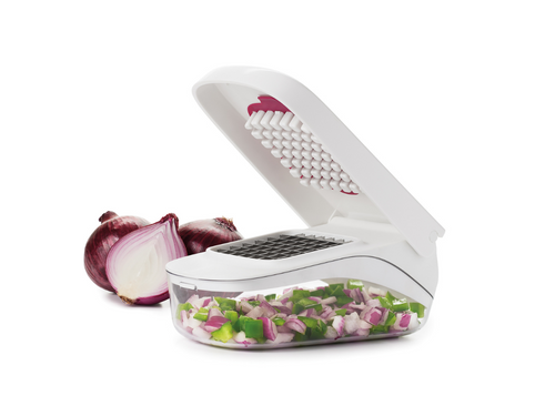 OXO Good Grips Vegetable Chopper with Easy Pour Feature - White, angled view.
