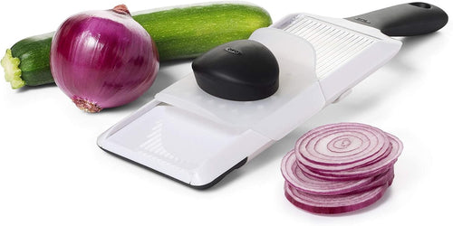 OXO Good Grips Adjustable Handheld Mandoline Slicer - White, angled view.