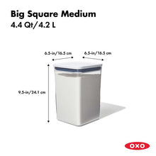 Load image into Gallery viewer, OXO Good Grips Pop Container - Big Square Medium, 4.2 Liters, with dimensions.
