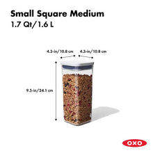 Load image into Gallery viewer, OXO Good Grips Pop Container - Small Square Medium, 1600ml, with dimensions.
