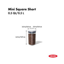 Load image into Gallery viewer, OXO Good Grips Pop Container - Mini Square Short - 473ml, with dimensions.
