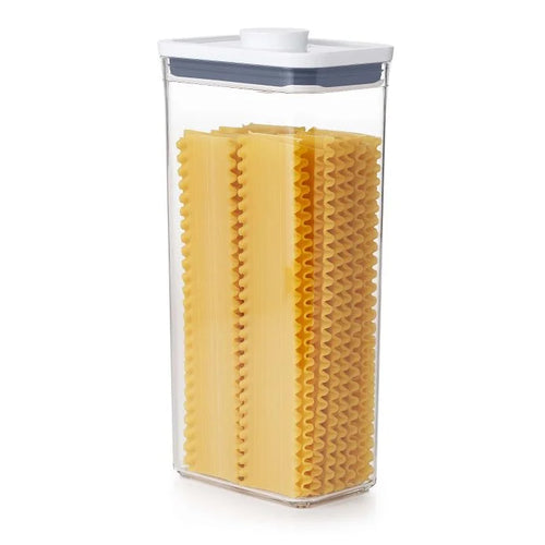 OXO Good Grips Pop Container - Rectangular Tall, 3.5Liters, filled with pasta.