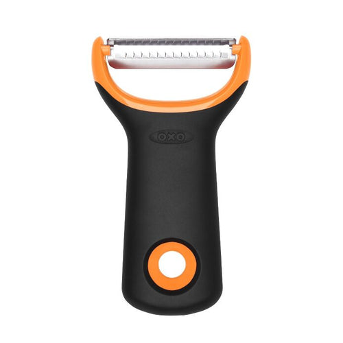 OXO Julienne Prep Y-Peeler - Black/ Orange, front view.