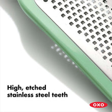 Load image into Gallery viewer, OXO Good Grips Etched Ginger &amp; Garlic Grater - Mint Green, high, etched stainless steel teeth.

