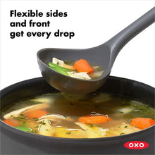 Load image into Gallery viewer, OXO Good Grips Silicone Everyday Ladle - Peppercorn, flexible sides and front get every drop.
