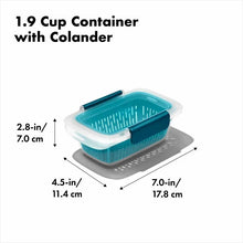 Load image into Gallery viewer, OXO Good Grips Prep &amp; Go Container with Colander - 450ml, with dimensions.
