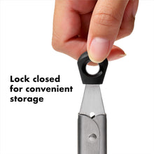 Load image into Gallery viewer, OXO Good Grips Mini Tongs - Stainless Steel, lock close up.
