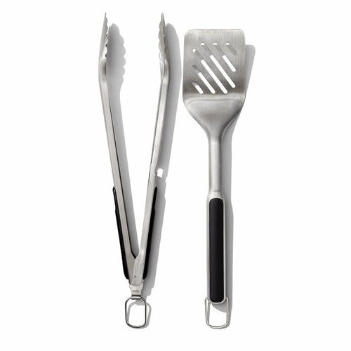 OXO Good Grips Grilling Turner & Tong Set - Stainless Steel, top view.