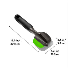 Load image into Gallery viewer, OXO Good Grips Scoop and Smash Avocado Tool - Dark Grey, with dimensions.
