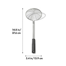 Load image into Gallery viewer, OXO Good Grips Scoop &amp; Strain Skimmer - Stainless Steel, with dimensions.
