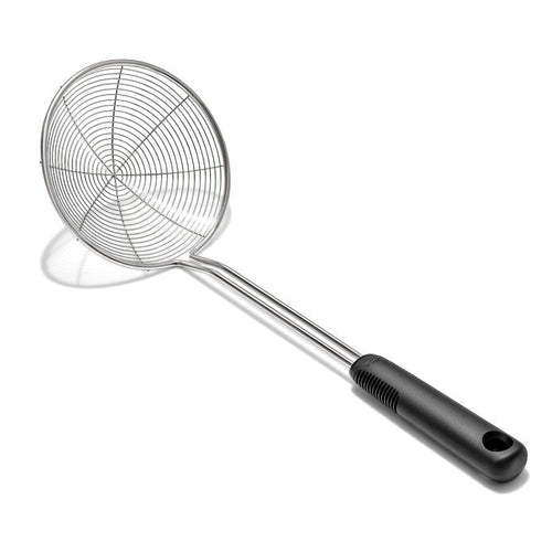 OXO Good Grips Scoop & Strain Skimmer - Stainless Steel, angled view.