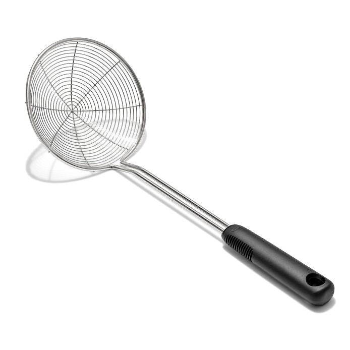 OXO Good Grips Scoop & Strain Skimmer - Stainless Steel, angled view.