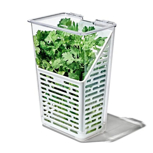 OXO Good Grips Produce Saver - Herb Keeper, angled view, filled.