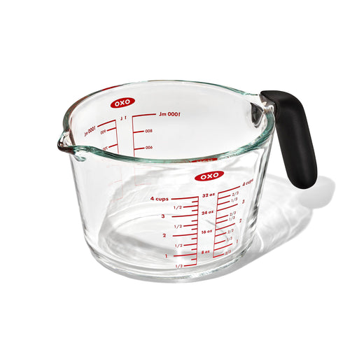 OXO Good Grips Glass Measuring Cup - 1000ml, angled view.