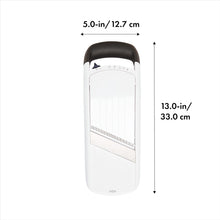 Load image into Gallery viewer, OXO Good Grips Simple Mandoline Slicer - White, with dimensions.
