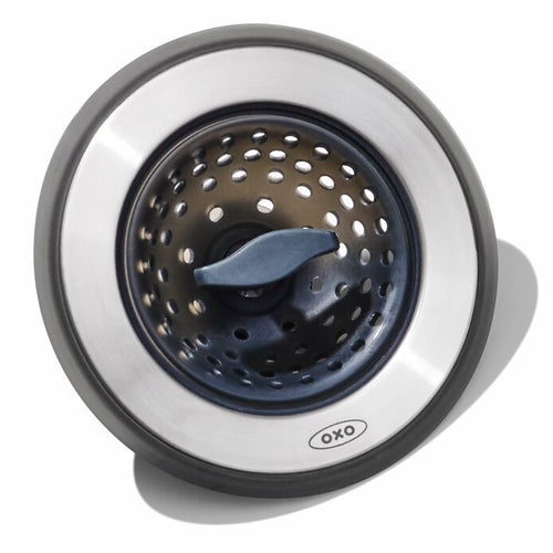 OXO Good Grips 2-in-1 Silicone Sink Strainer with Stopper, side view.