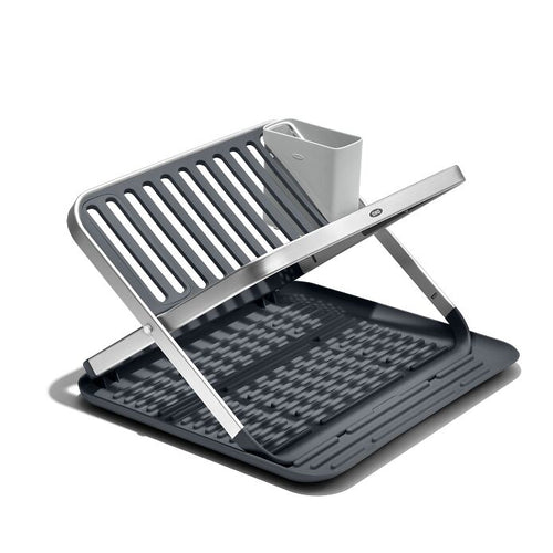 OXO Good Grips Aluminum Fold Flat Dish Rack, angled view.