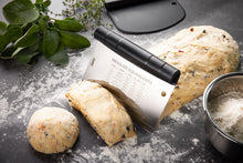Load image into Gallery viewer, Lifestyle image of Gefu Duto Dough Scraper &amp; Cutter - Set of 2 with dough.
