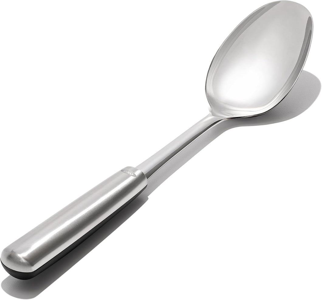 OXO Good Grips Cooking Spoon - Stainless Steel, angled view.