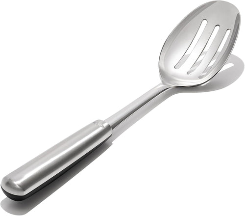 OXO Good Grips Slotted Cooking Spoon - Stainless Steel, angled view.