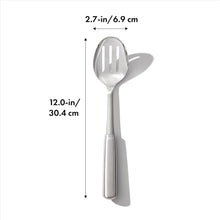 Load image into Gallery viewer, OXO Good Grips Slotted Cooking Spoon - Stainless Steel, with dimensions.
