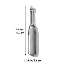 Load image into Gallery viewer, OXO Good Grips Swivel Peeler - Stainless Steel, with dimensions.

