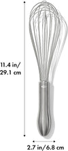 Load image into Gallery viewer, OXO Good Grips Balloon Whisk - Stainless Steel, with dimensions.
