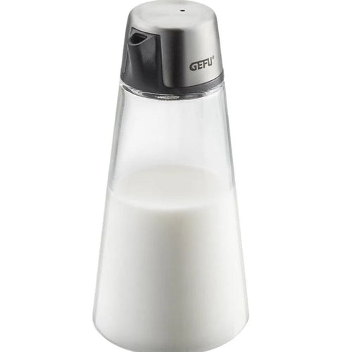 Gefu Brunch Glass Milk / Oil Jug - 220ml, filled with milk.