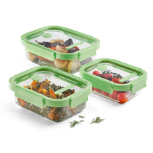 Load image into Gallery viewer, Lekue 100% Glass Leak Proof Rectangular Food Containers - Set of 3, Green (with Glass lids)
