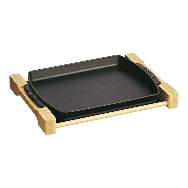 Staub Cast Iron Rectangular Serving Dish with Wood Base, Matt Black - 33 x 23cm