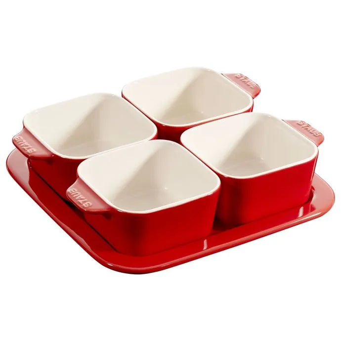 Staub Ceramic Appetizer Set of 4 Bowls with Tray, Cherry Red - 19 x 19cm
