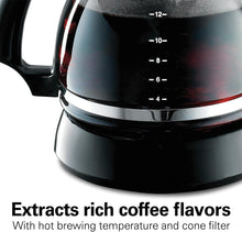 Load image into Gallery viewer, Hamilton Beach 12-Cup Drip Coffee Maker, Lighted On Button, Progromable, Cone-Shaped Filter, Non-Stick Warmer Plate, Dishwasher Safe, Large Water Window, 900 W
